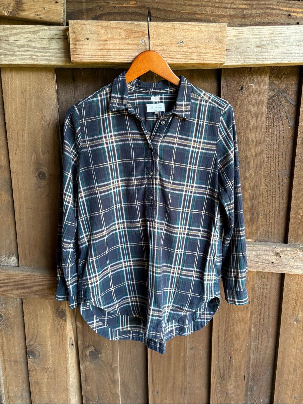 Loft Blue and Metallic Gold Plaid Softened Shirt